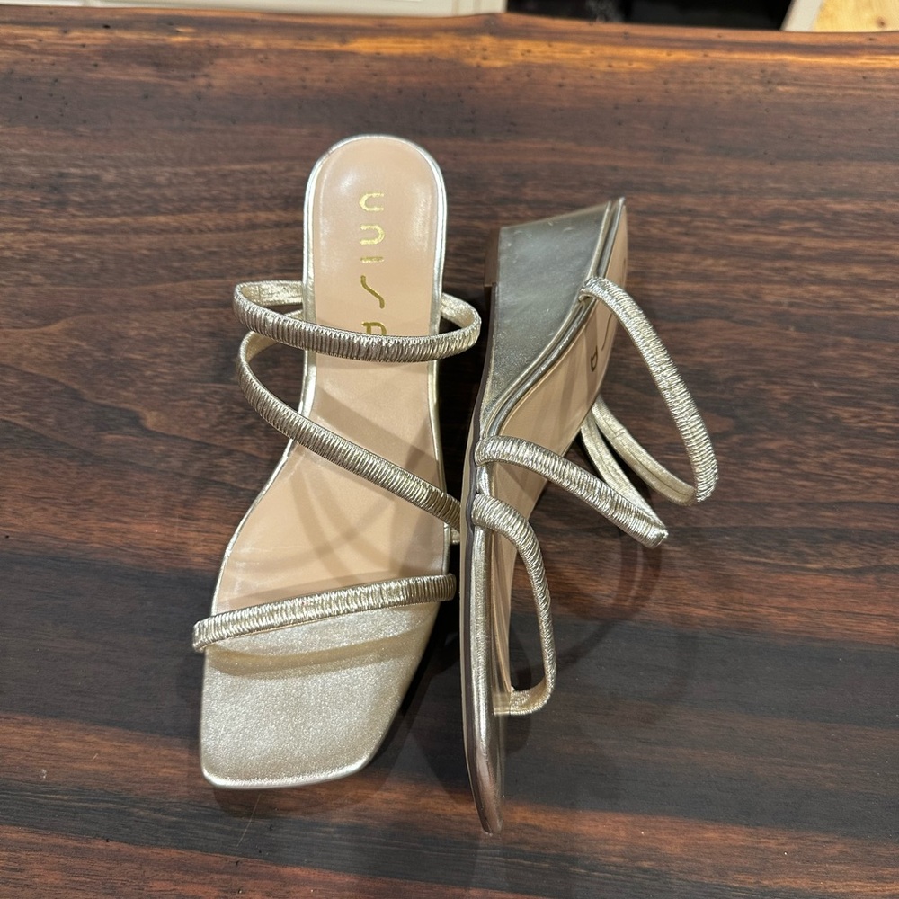Unisa Gold Metallic Strappy Square-Toe Slide Mules